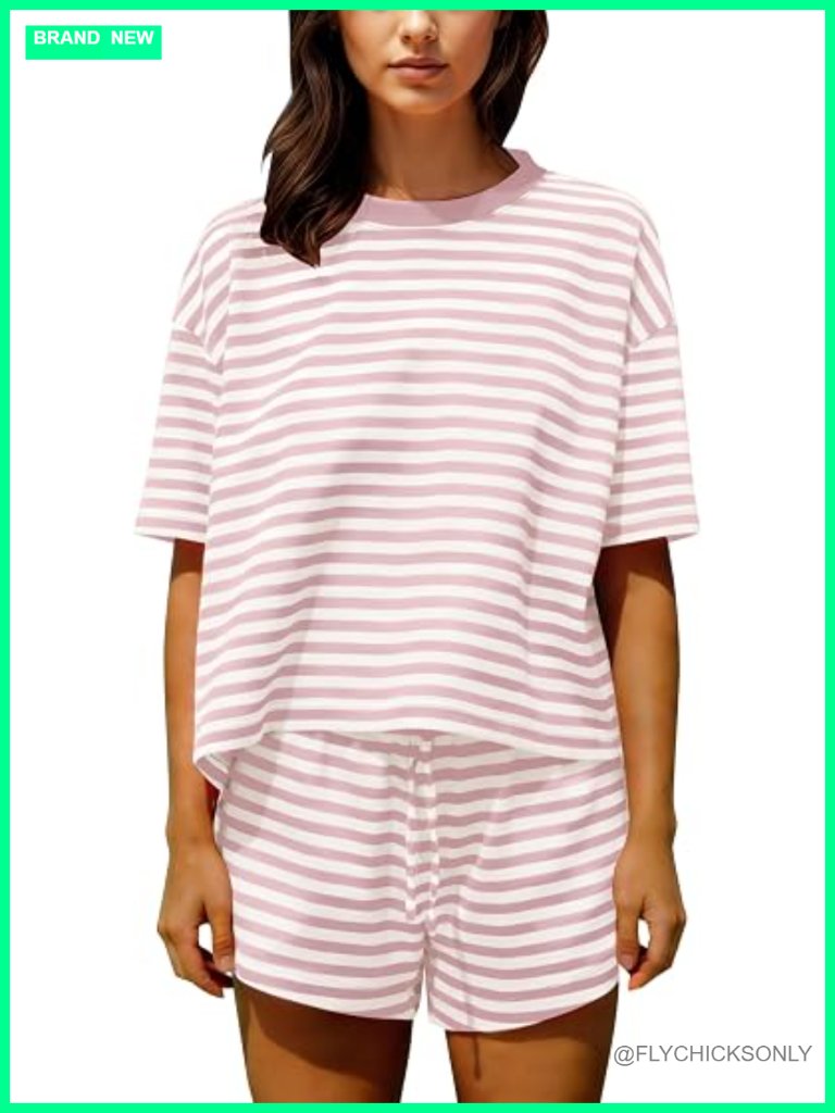 Striped Pajama Shorts Set Women 2 Piece Lounge Outfits Short Sleeve Tee